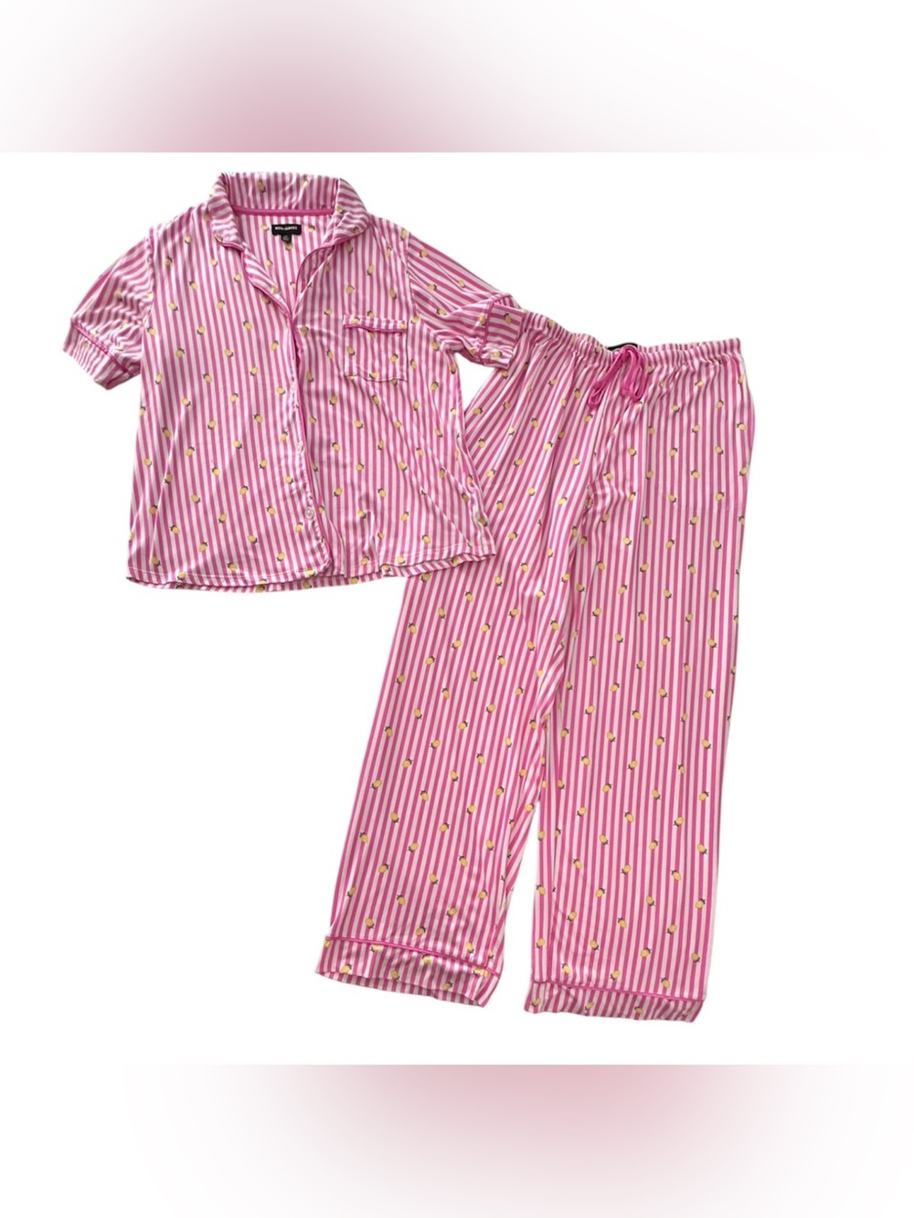 Room Service Pink White Cabana Stripe Lemons Pajama Set Womens Large